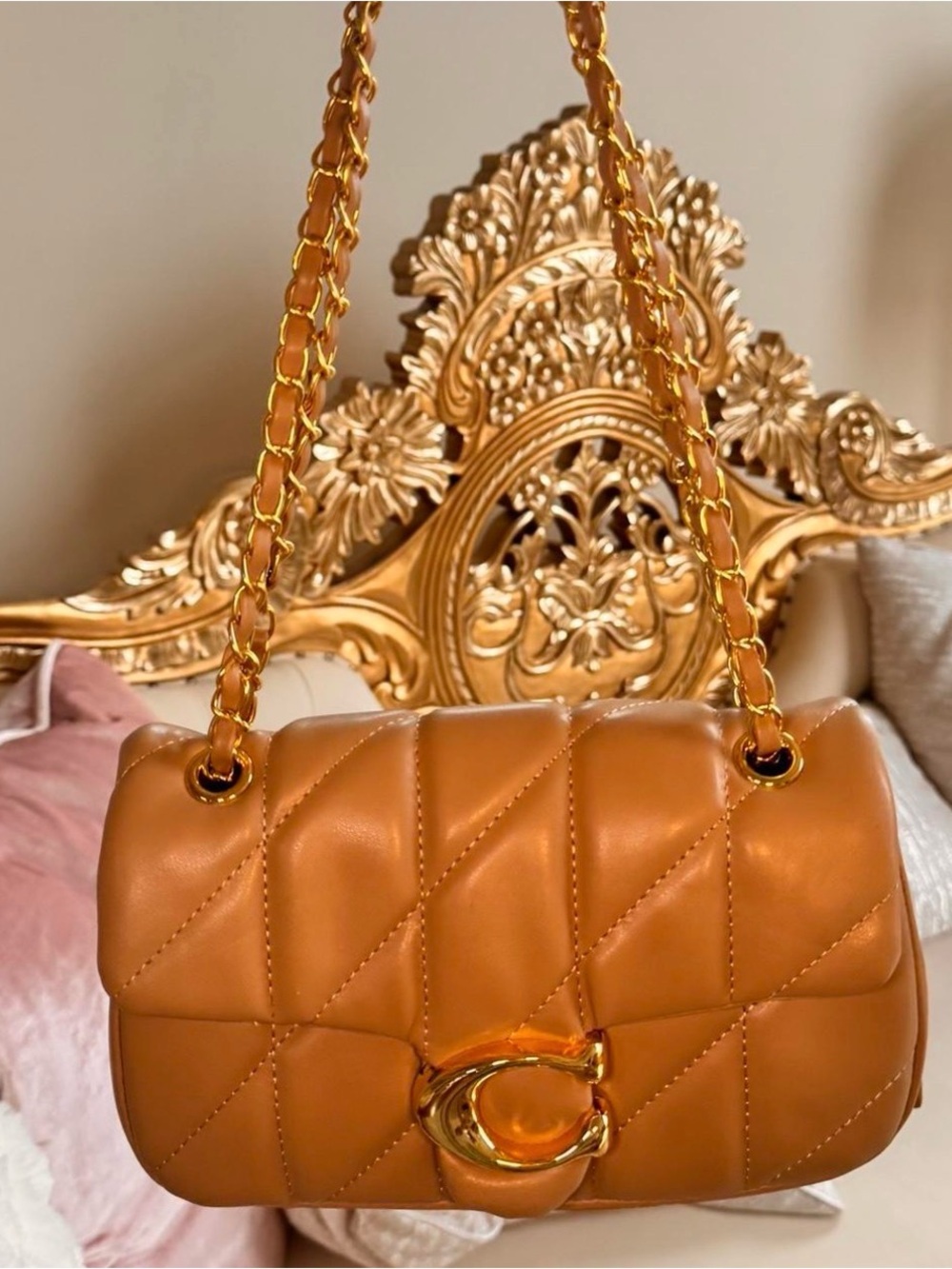 Quilted Tan Shoulder Bag with Gold Chain and C Logo Accent